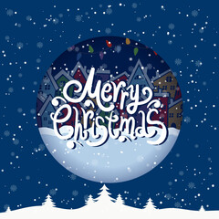 Cartoon illustration and text for holiday theme on winter background with trees and snow. Greeting card for Merry Christmas and Happy New Year - 549817972