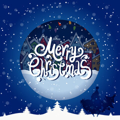 Cartoon illustration and text for holiday theme on winter background with trees and snow. Greeting card for Merry Christmas and Happy New Year. - 549817978