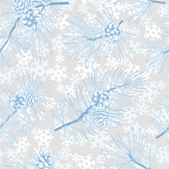 Winter forest seamless pattern with pine branches and cones. Evergreen floral christmas vector illustration. Engraving hand-drawn nature background.