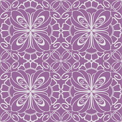 seamless graphic pattern, floral white ornament tile on purple background, texture, design