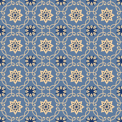 Abstract arabesque asian seamless pattern. Line floral winter holiday snowflake ornamental texture. Artistic mosaic background in arab orient style