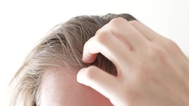 Close up of scalp and long hair massaging with hands, applying hair growth treatment.