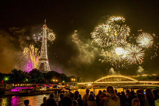 Fireworks over the Seine in Paris, France on Bastille Day.