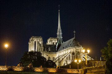 A night view of Notre Dame in Paris, France.