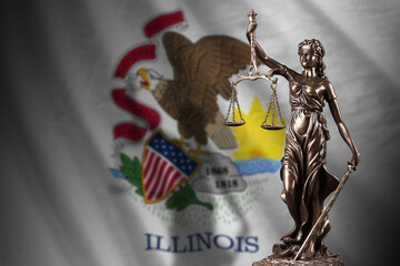 Illinois US state flag with statue of lady justice and judicial scales in dark room. Concept of...
