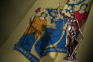 New Jersey US state flag with statue of lady justice and judicial scales in dark room. Concept of judgement and punishment