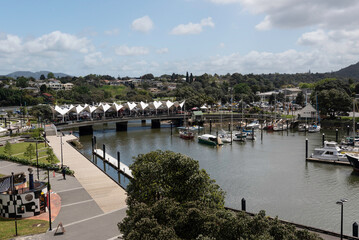 Elevated view of the Victoria Canopy Bridge over the Hatea River in central Whangarei, Northland,...