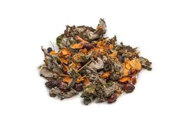 Dry tea leaves and dry fruit isolated on white background.