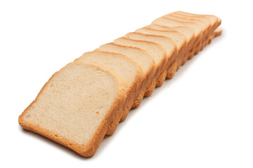 Delicious bread slices isolated on a white background, top view.