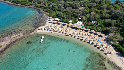 Fototapeta premium Aerial drone photo of tropical exotic paradise volcanic island complex bay with deep turquoise sea forming a blue lagoon archipelago visited by luxury yachts and sail boats