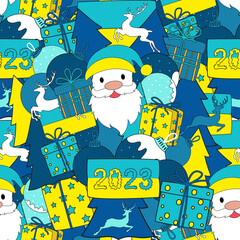 Seamless background, pattern, postcard. Merry Christmas with Santa. Ukrainian style.