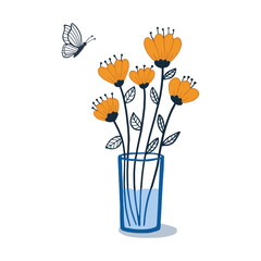 Yellow flowers in vase and flying batterfly. Vector illustration