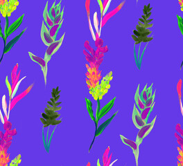 Seamless pattern with bright red tropical flowers and plants for summer textiles