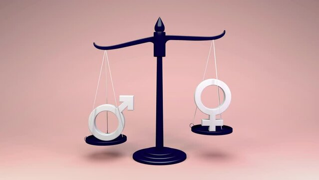 Gender equality - Weight scale with gender signs showing equal balancing weight. 3d render animation