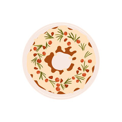 Christmas cake decorated with glaze, pomegranate seeds, cranberries and rosemary isolated on white background, top view. Traditional Xmas bakery with fruits and berries. Vector illustration