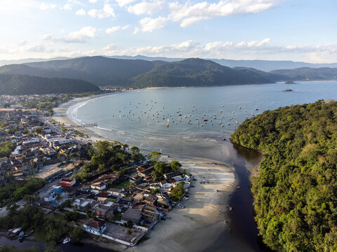 beautiful fishermen's beach formed in a bay in the mountains, Pereque, Guaruj&aacute;, Brazil