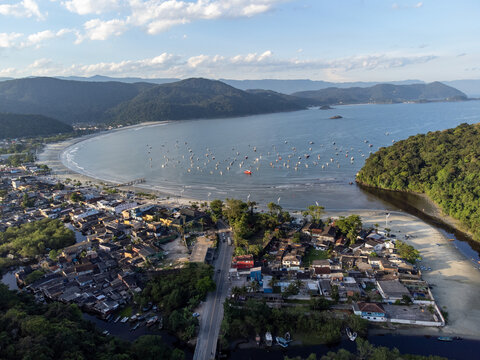 beautiful fishermen's beach formed in a bay in the mountains, Pereque, Guaruj&aacute;, Brazil