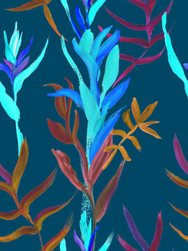 Night pattern with vertical tropical silhouettes of flowers and leaves drawn in gouache on blue background