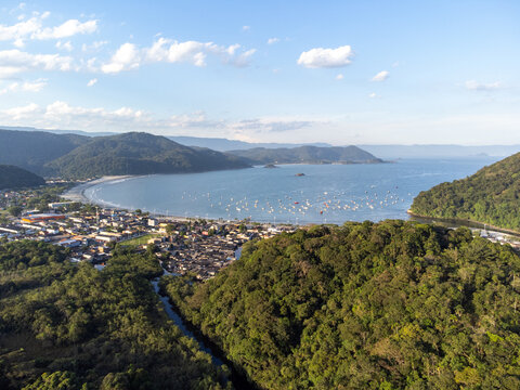 beautiful fishermen's beach formed in a bay in the mountains, Pereque, Guaruj&aacute;, Brazil