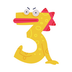 Monster Number Three or Numeral with Face and Hand Vector Illustration