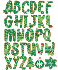 Christmas Tree Xmas Sugar Cookie Alphabet Set Uppercase Letters Pack decorated for the holidays in bubble letter font typography with big bite taken 