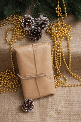 Christmas gift in kraft paper and New Year's decor