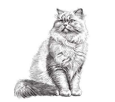 Fluffy cat sitting sketch hand drawn engraved style Vector illustration
