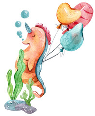 Watercolor cute birthday seahorse illustration. Colorful children sea animal clipart on isolated white background. Can be used for sticker, print, sublimation, pattern