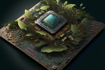 concept art of future sustainable nature chip cpu computer motherboard, green leafs plants technology, illustration design art style 