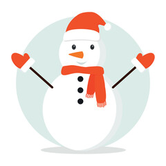 Snowman with red scarf and christmas hat, mittens, cute christmas vector illustration isolated on gray background.