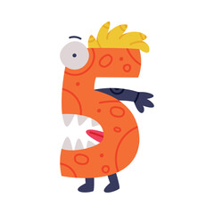 Monster Number Five or Numeral with Face and Hand Vector Illustration