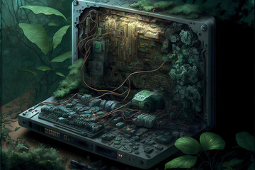 concept art of future sustainable nature computer motherboard, green leafs plants technology, illustration design art style 