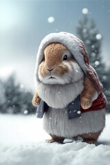 rabbit in the snow dressed as santa , snow is falling, 3D Render, red wool jacket
