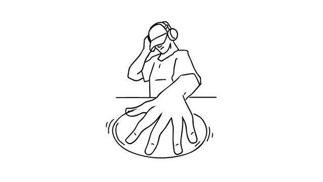 DJ plays music. The hand spins the disk. Electonic music. Musician. Artist. Night club. Relaxation. Relax. Pastime. Line drawing.