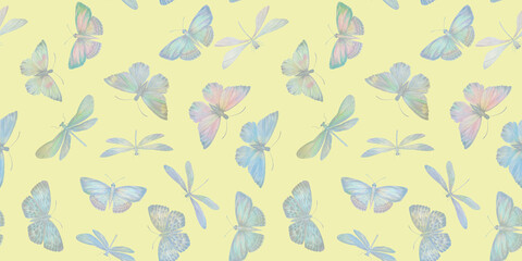 delicate watercolor butterflies and dragonflies painted in watercolor, seamless abstract pattern for design