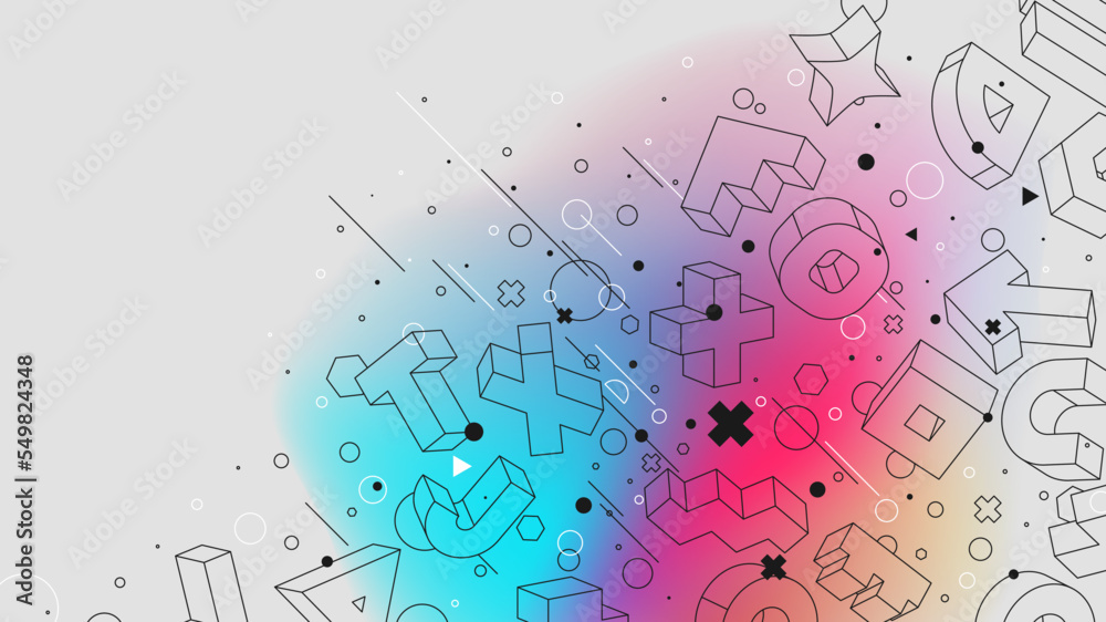 Poster Isometric figures abstract gradient background mathematic 3d structure physical primitives, Vector posters with strange wireframes of geometric shapes modern design inspired by brutalism