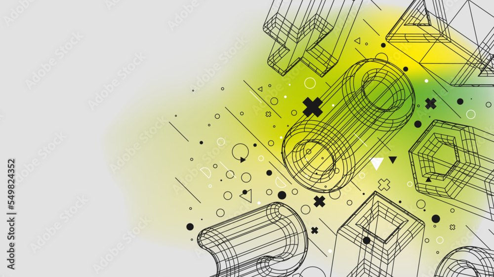 Poster Structure wireframes figures retrofuturistic abstract gradient background, Vector posters with strange wireframes of geometric shapes modern design inspired by brutalism