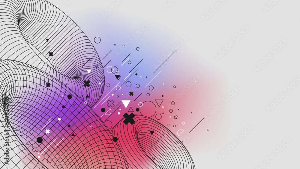 Poster Futuristic connection structure lowpoly figures torus structure, Vector posters with strange wireframes of geometric shapes modern design inspired by brutalism