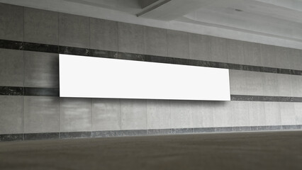 Long white empty banner with copy space for mockup fixed on wall in underground passage