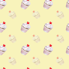 Watrercolor sweet seamless pattern. Cupcake with heart decor.