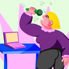 Young man sings his favorite song in front of the laptop