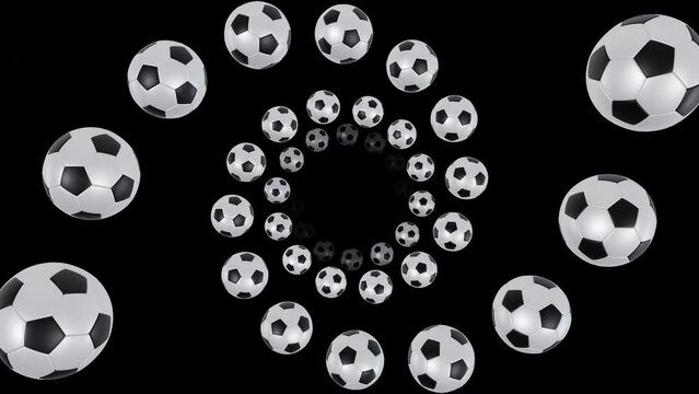 Spiral rotating football balls tunnel illusion seamless animation background