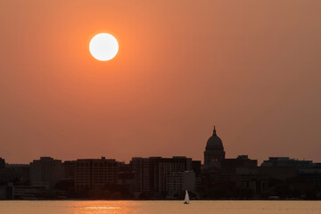 The autumnal equinox sunset on Lake Monona in Madison, Wisconsin.