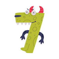 Monster Number Seven or Numeral with Face and Hand Vector Illustration