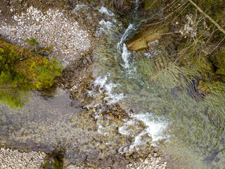 Aerial view of Sense river in Fribourg. Wild natural river flowing through deeply carved rocks.
