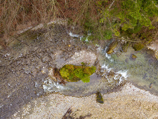 Aerial view of Sense river in Fribourg. Wild natural river flowing through deeply carved rocks.