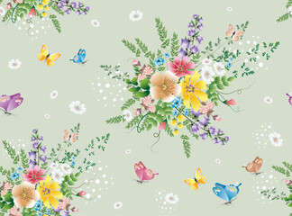 Bouquets of field flowers of chamomile, Cosmos, campanula, peas, forget-me-nots, spikelets and leaves of wild herbs, as well as many colored butterflies on a light green background seamless pattern.