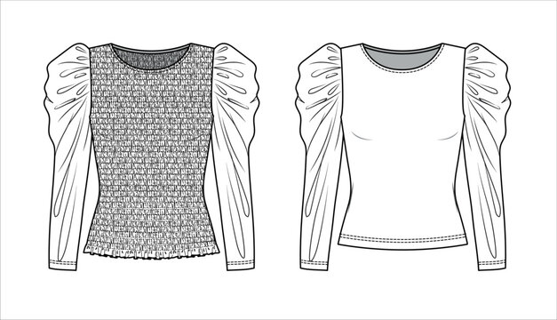 Vector round neck long sleeved top fashion CAD, woman winter t shirt technical drawing, top with smock detail flat, template, sketch. Jersey or woven fabric blouse with front, back view, white color