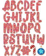 Alphabet capital uppercase letters pack of pink sugar cookies with sprinkles on a transparent isolated background for Christmas holiday season with big bite eaten from ABC's