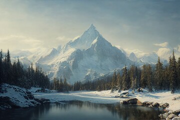 Fototapeta na wymiar winter landscape with mountains and lake
